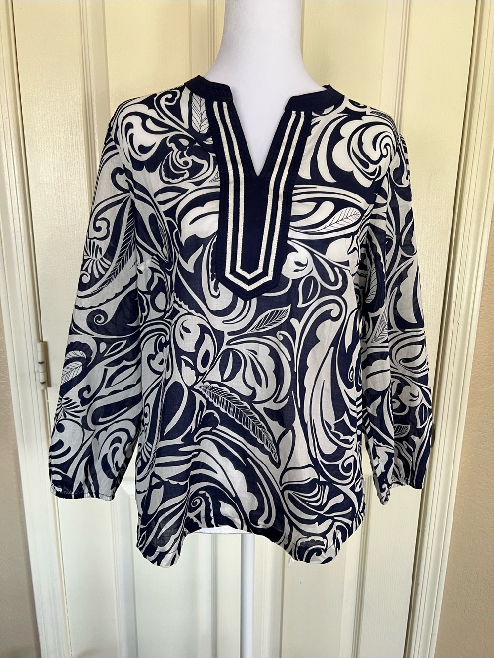 Talbots Petite Navy White Floral Coastal Cotton Tunic Blouse MP
